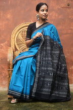 Handloom drape view of Bimala — authentic Sambalpuri Bandha ikat saree in blue mercerized cotton, Pasapali