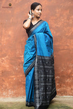 Duck and tribal figure motif detail on Bimala pallu — Sambalpuri Bandha double ikat, Bhulia weavers Odisha