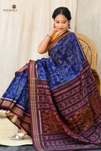 Load image into Gallery viewer, Full length hero shot of blue Sambalpuri Handloom Bandha saree with jhoti motifs by Pasapali
