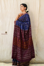 Load image into Gallery viewer, Front drape of blue Sambalpuri cotton saree showing deep maroon pallu with floral jhoti motifs
