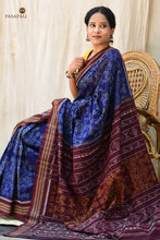 Load image into Gallery viewer, Handloom drape view of blue Sambalpuri Bandha saree with deep maroon contrast, Pasapali
