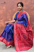 Load image into Gallery viewer, Handloom drape view of Charulata Sambalpuri cotton saree — blue body with red border, Pasapali collection.
