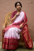 Charushila white Sambalpuri cotton saree — full view, Sachipar check body, red dasphulia border, Pasapali handloom
