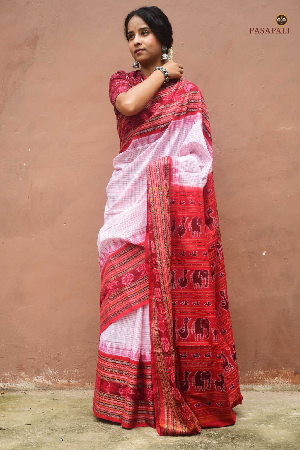 Sachipar check weave on Charushila body — Sambalpuri Handloom double ikat cotton saree, Pasapali Odisha