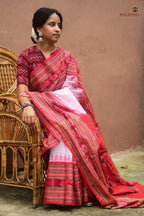 Charushila pallu detail — flower, fish, duck, deer, elephant ikat motifs on white Sambalpuri Handloom cotton saree
