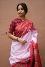 Charushila folded saree — white and red Sachipar Sambalpuri cotton saree showing dasphulia border and pallu, Pasapali