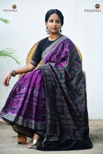 Load image into Gallery viewer, Close-up of Rudraksha border motif on Chitralekha purple Sambalpuri Bandha cotton saree — GI certified, Pasapali
