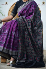 Load image into Gallery viewer, Body weave detail of Chitralekha Sambalpuri cotton saree — tribal motifs in double ikat on purple mercerized cotton
