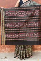 Chitrangada grey Sambalpuri cotton saree front drape — Bhulia handloom double ikat in grey and black from Pasapali