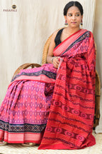 Damayanti pink Sambalpuri Bandha mercerized cotton saree by Pasapali — full hero view with Rudraksha border