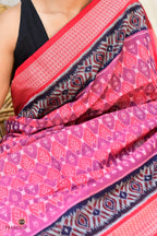 Front drape of Damayanti authentic Sambalpuri cotton saree — Bandhakala ikat weave in pink, Pasapali Odisha