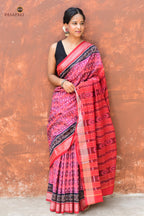 Damayanti Sambalpuri cotton saree front drape — pink body with phula buta and diamond butas by Pasapali