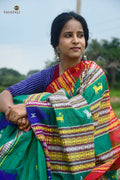 Deomali green Kotpad saree Tussar Cotton Silk full view, natural dye, tribal motifs by Mirgan weavers, Pasapali