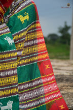Body weave detail of Deomali Kotpad saree — pharsa and macha motifs on aal bark dyed green Tussar Cotton Silk