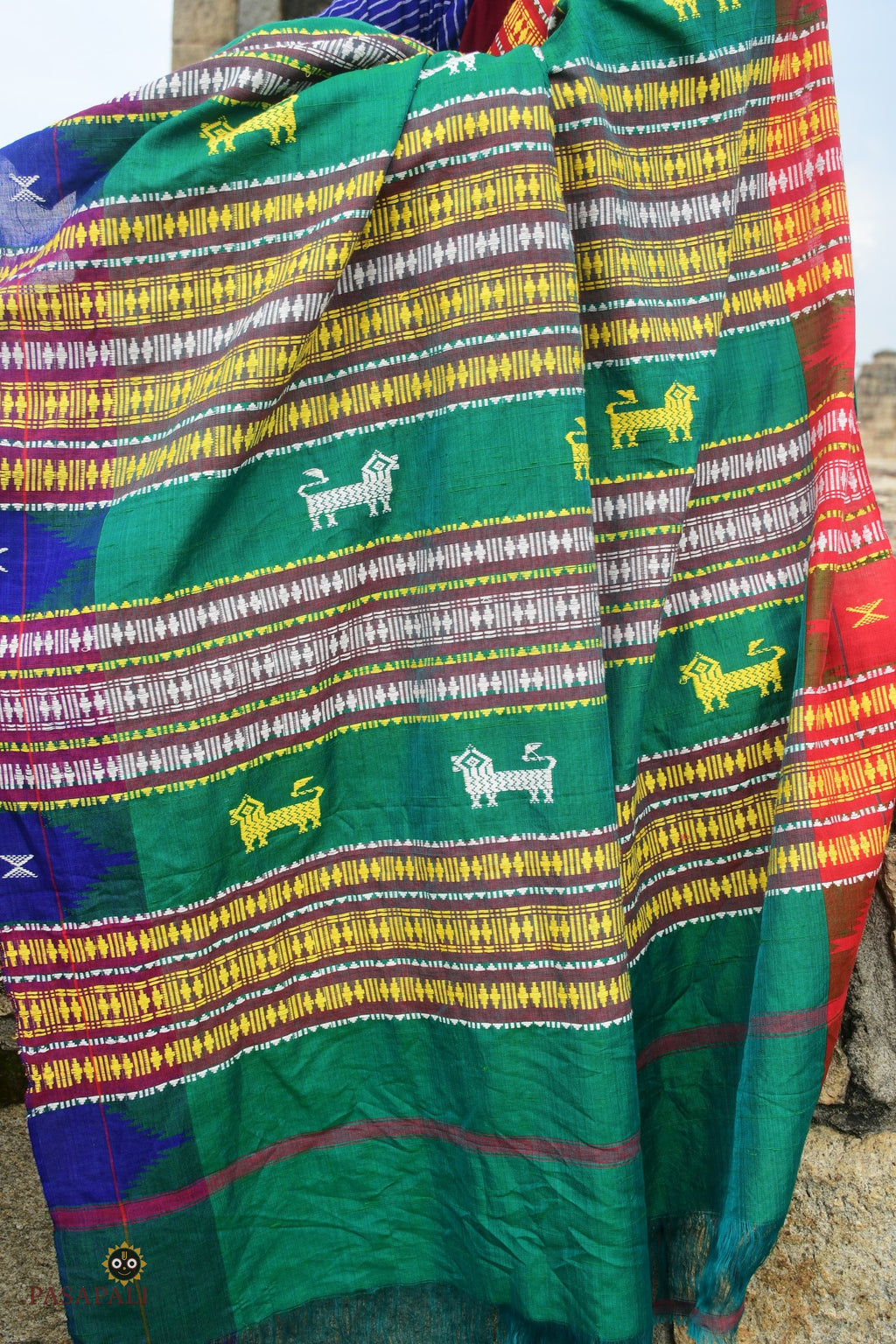 Handloom drape view of Deomali Kotpad saree in green Tussar Cotton Silk — Mirgan tribal weave, Odisha
