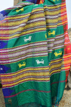 Handloom drape view of Deomali Kotpad saree in green Tussar Cotton Silk — Mirgan tribal weave, Odisha