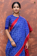 Load image into Gallery viewer, Devyani Pasapali Sambalpuri Bandha saree full view — blue and red double ikat mercerized cotton, Odisha handloom
