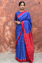 Load image into Gallery viewer, Devyani Sambalpuri cotton saree front drape — blue body with tribal motifs and solid red border by Pasapali
