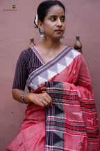 Dharani Kotpad handloom saree draped front — dual shade natural dye, tribal motifs, Government Handloom Mark