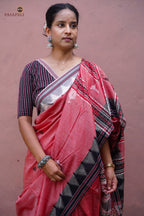 Dharani Kotpad handloom saree pallu detail — macha fish and pharsa axe tribal motifs, extra-weft technique