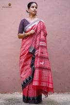 Dharani Kotpad saree body weave — tribal macha pharsa motifs on dual shade aal bark dyed Tussar Cotton Silk