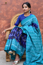 Draupadi — Blue Sambalpuri Bandha mercerized cotton saree, full hero view, flower motif body, Pasapali