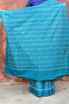 Draupadi Sambalpuri cotton saree full view — blue body, teal kumbha border, ikat pallu, Pasapali