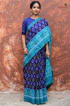 Front drape of Draupadi — Sambalpuri handloom cotton saree in blue and teal, Bhulia weave, Pasapali