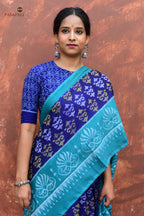 Draupadi Blue Sambalpuri cotton saree front drape — teal border with flower and kumbha motif, Pasapali