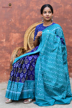 Load image into Gallery viewer, Draupadi Sambalpuri cotton saree folded — blue teal Bandha double ikat, kumbha motif border visible
