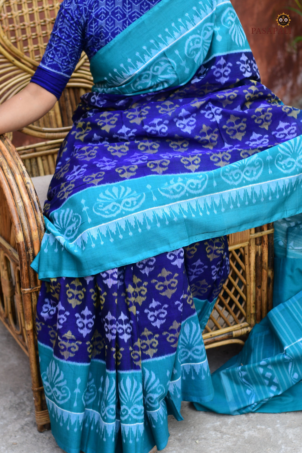 Handloom drape view of Draupadi — GI certified Sambalpuri Bandha saree in blue, Pasapali collection