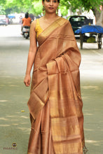 Load image into Gallery viewer, Front drape of Pasapali light brown Sambalpuri tussar silk saree showing plain solid body and golden tissue zari chevron border
