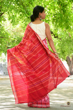 Load image into Gallery viewer, Flat lay of full pink Sambalpuri cotton saree showing ikat stripes, buta pallu, and rudraksha border — Pasapali
