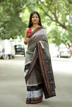 Load image into Gallery viewer, Mercerized Cotton Sambalpuri Saree in Greenish Grey with Tribal Peacock Ikat – Pasapali
