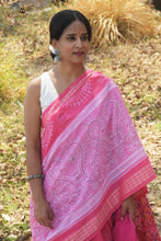Load image into Gallery viewer, Harini Sambalpuri Bandha saree front drape — light pink mercerized cotton with tribal body motifs. Pasapali.
