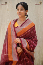 Load image into Gallery viewer, Pallu detail of Harini — traditional ikat patterns in maroon, Sambalpuri handloom Pasapali
