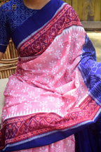 Hemavati Pink Sambalpuri Bandha mercerized cotton saree — full hero view, paan patri border, phula pallu, Pasapali