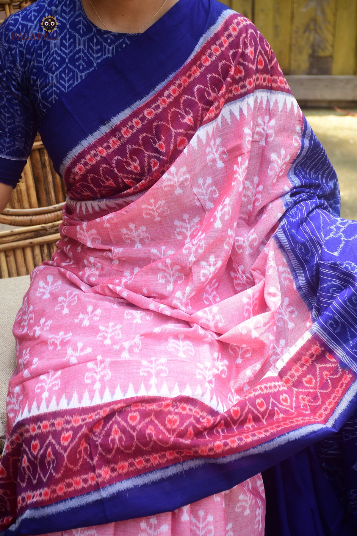 Hemavati Pink Sambalpuri Bandha mercerized cotton saree — full hero view, paan patri border, phula pallu, Pasapali