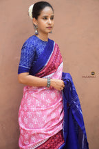 Hemavati GI certified Sambalpuri handloom saree — draped view in mercerized cotton, pink with blue-maroon border