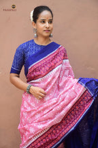 Hemavati Sambalpuri Bandha saree — flower buta motif detail across pink cotton body, Bhulia weavers Odisha