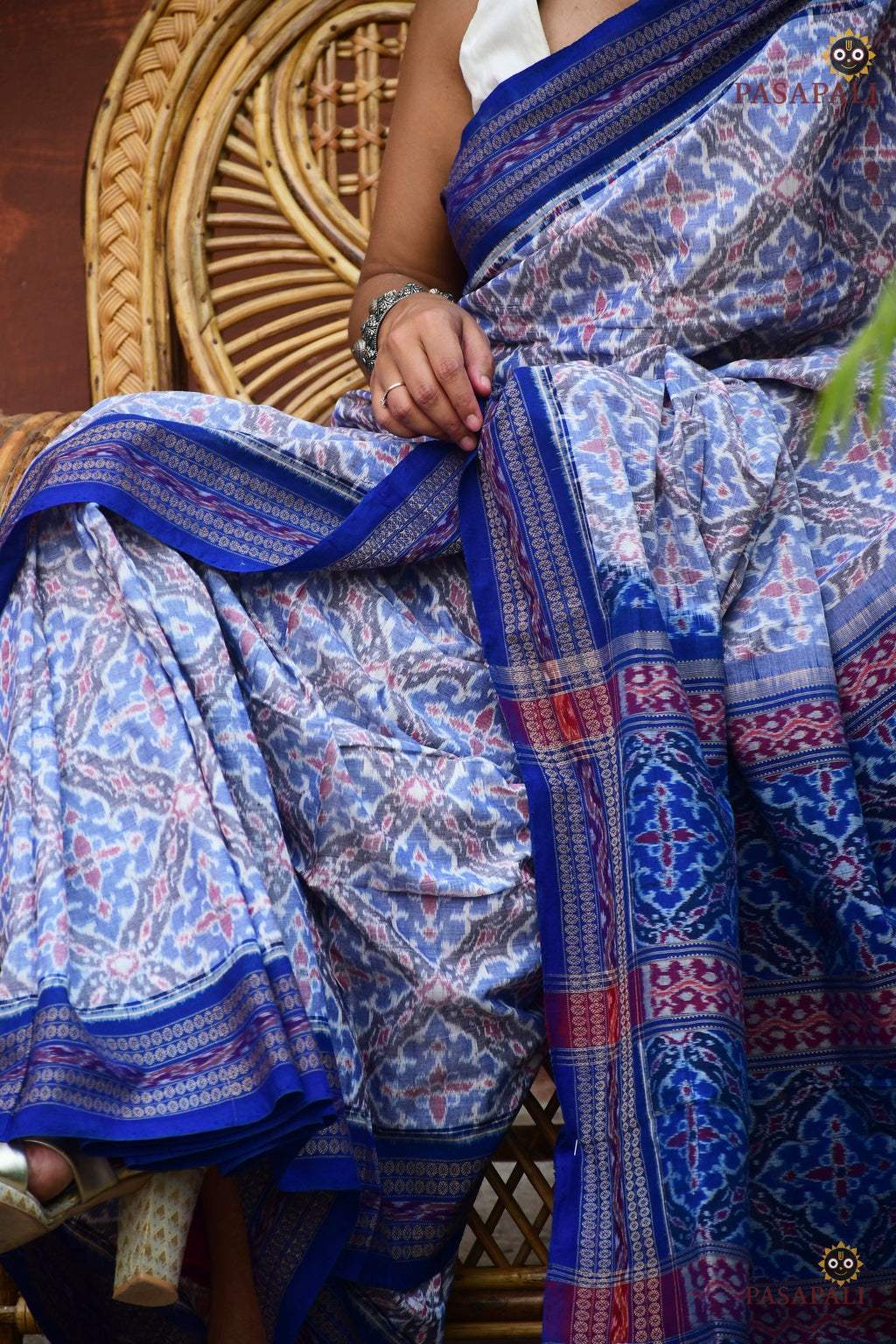 Indulekha Bandha saree pallu close-up — blue field with geometric flower patterns, double ikat weave, Pasapali