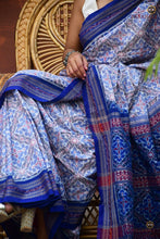 Load image into Gallery viewer, Indulekha Bandha saree pallu close-up — blue field with geometric flower patterns, double ikat weave, Pasapali
