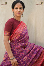 Fish motif border close-up on Janapadi purple Sambalpuri cotton saree by Pasapali — Bandha ikat weave, Odisha.