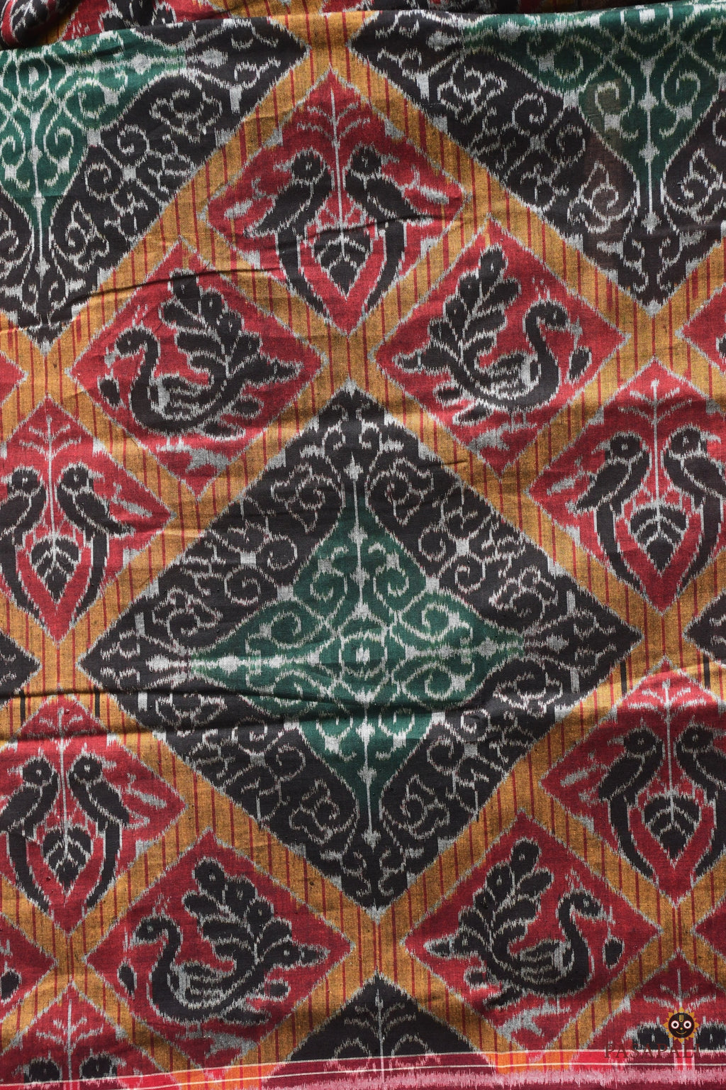 Kadambini Sambalpuri Bandha saree drape front — jhoti and mayur motifs visible, Pasapali