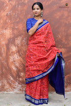 Kalapini orange Sambalpuri Bandha mercerized cotton saree with tribal motifs and fish border — full view, Pasapali