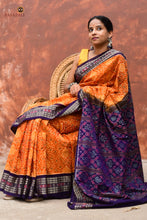 Load image into Gallery viewer, Kalyani yellow Sambalpuri Bandha saree — front drape showing lata motif body and tribal figures, Pasapali
