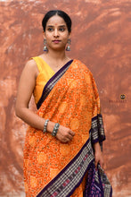 Load image into Gallery viewer, Kalyani Sambalpuri Handloom saree — draped view highlighting Bandha ikat weave in yellow and blue, Pasapali
