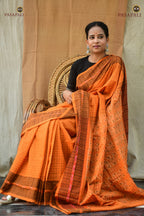 Kanakrekha Sambalpuri cotton saree draped front view — mustard yellow ikat pallu, Pasapali
