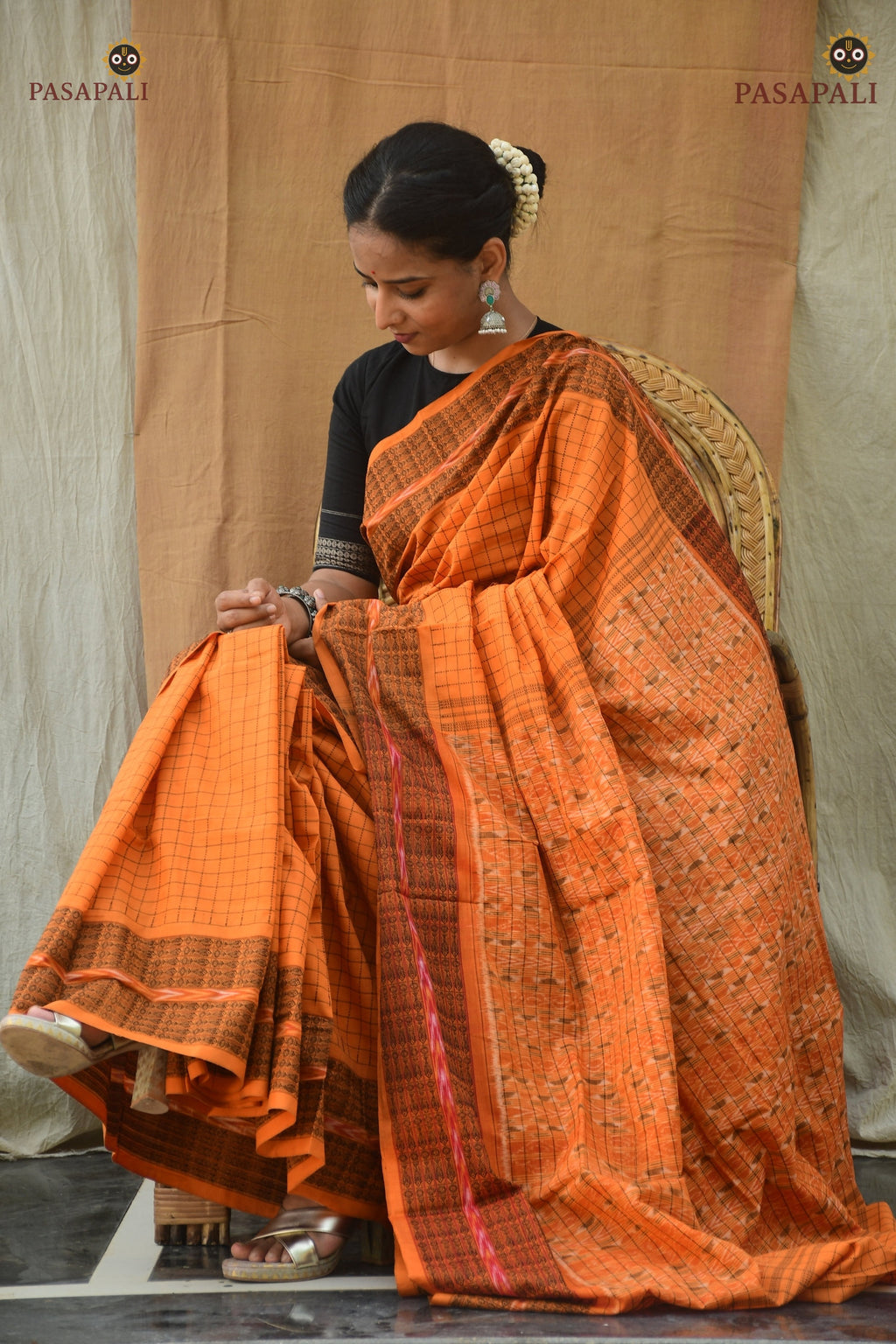 Kanakrekha mustard yellow pallu detail — ikat patterns, Sambalpuri Bandha, Pasapali