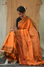 Kanakrekha mustard yellow pallu detail — ikat patterns, Sambalpuri Bandha, Pasapali